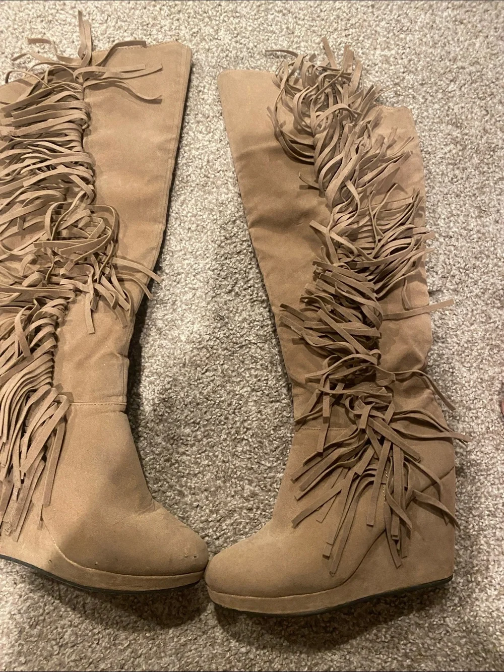 Wet Seal Tan Fringe Knee-High Wedge Boots